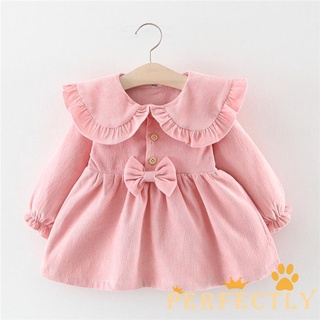Pft7-Zz bebé niñas primavera otoño vestido de Color sólido manga larga vestido de estilo dulce solapa princesa vestido ropa