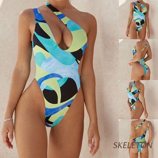 esqueleto mujeres sexy de una pieza bikini traje de baño hueco un hombro sin espalda monokini irregular impreso barriga control brasileño traje de baño ropa de playa