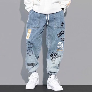 YOAOtoño nueva letra impresa Jeans de moda de los hombres de marca suelta de dibujos animados Graffiti tobillo Pantalones anchosinsPantalones con cordón (1)