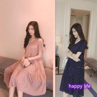 【Warranty】 Chiffon Maternity Dress Soft Breathable Short Sleeve Solid Color Polka Dot Dress For Pregnant Women