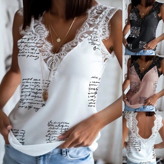 New Women Fashion Lace Splicing V-Neck Tank Top Casual Sleeveless Letter