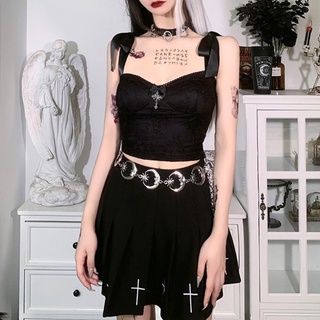 EMPTY Women Gothic Punk Sexy Floral Lace Crop Top Backless Tie-Up Bandage Strap Camisole Harajuku Metal Cross Sleeveless Vest (9)