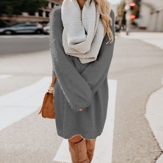 huanan otoño invierno cálido color sólido cuello redondo manga larga suéter de las mujeres mini vestido (9)