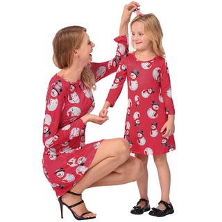 ❀ifashion1❀Christmas Family Match Clothes Long Sleeve Snowman Print Kids Women Dress