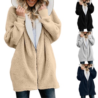 las señoras de color sólido de manga larga con capucha de punto chaqueta de punto chaqueta de invierno caliente cremallera abrigo