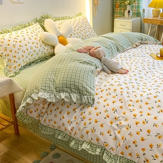 Verano pequeña y fresca cama de cuatro piezas estilo princesa ins Nordic Fengshui ropa de cama de algodón lavado edredón sábana de tres piezas juego 4