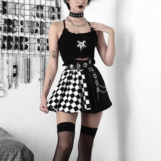 Dus Mulheres Gothic Punk Color Block Plaid retazos Mini Skater falda Harajuku/Cintura Alta plisada Ruffled A-Line con cinturón De cuero Falso (4)