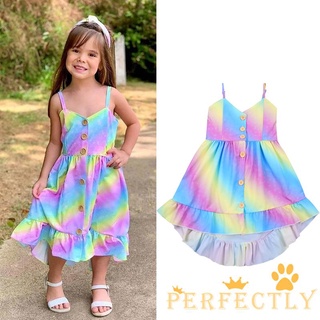 Pft7-Niños vestido de niña, niños arco iris botón de impresión ajustable correas de espagueti volantes dobladillo falda (1)