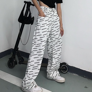 [precios al por mayor] coreano hombres y mujeres jeans cintura alta tendencia letra impresión casual suelto tubo recto colgante ancho pierna pantalones