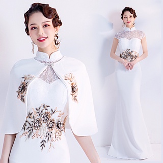 blanco estilo chino novia tostadas rendimiento y mostrar etiqueta de pasarela anfitrión vestido de novia y cheongsam venta al por mayor 717