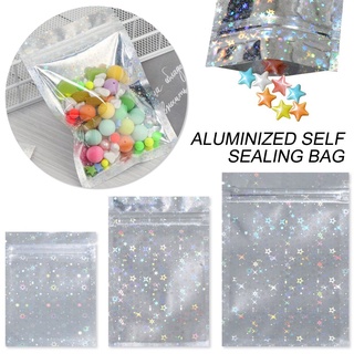 diplatory 20pcs stand up food mylar bolsa de almacenamiento a prueba de agua bolsas de plástico bolsa de papel de aluminio holograma cierre de cremallera de 3 tamaños estrella láser cremallera bolsas reclinables (8)