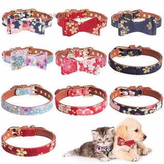 Collar de piel sintética para mascotas, perro, gato, con patrón de flores, collares para cachorros, flores de cerezo, ajustable, estilo arco