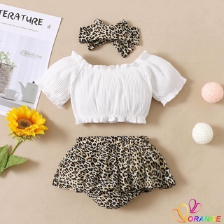 Od Baby Girls Outfit verano Color sólido manga corta Stringy Selvedge Tops + Leopard Print Shorts + arco Headwear Set