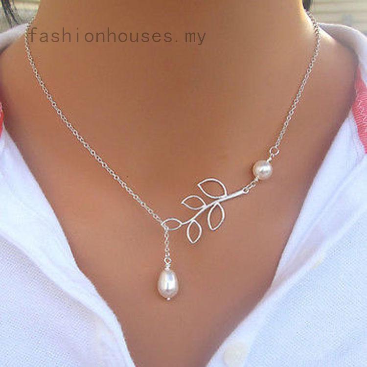 Collar/Choker de cadena de plata con cuentas de perlas de hojas simples Chic caliente para dama regalo