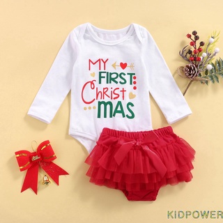 Kprq-2 piezas trajes de navidad recién nacidos, estampado de letras de manga larga, pijama de cuello redondo + falda de tul con lazo