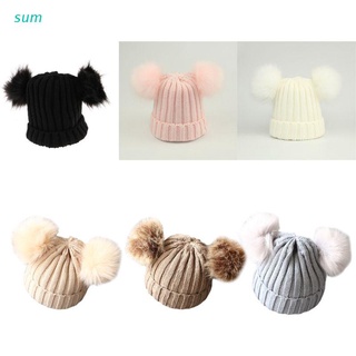 sum gorro de lana de punto de invierno para niños con orejas de pompón de piel sintética doble (6 colores)