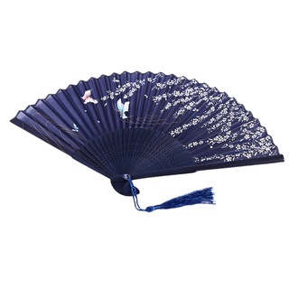 abanico plegable de encaje de bambú, mariposa azul oscuro y flor blanca (6)