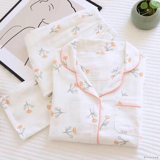 Doble capa de gasa pijamas traje de las mujeres s de algodón de manga larga delgada chaqueta de verano flores sueltas aire acondicionado habitación servicio a domicilio (1)