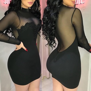 1 PC mujeres moda Sexy negro malla manga encaje costura Mini vestido