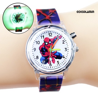 G Spiderman niños luz LED números árabes esfera redonda banda de silicona reloj de cuarzo (1)