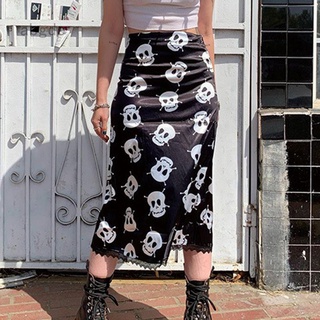 Falda defalda goth De cráneo con estampado De Cintura Alta faldas De falda larga recta Punk Vintage falda