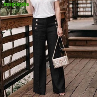 freegangsha más el tamaño de verano de lino de las mujeres de las piernas anchas pantalones de cintura alta botón pantalones (4)