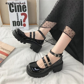 【ayellowji】 Women PU shoes High heels lolita College Students Japanese style shoes retro Black High heels Mary Jane Shoes 【CL】