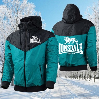 Nueva moda Lonsdale Logo Outwear cremallera cortavientos hombres impermeable chaqueta con capucha abrigo Patchwork invierno (4)