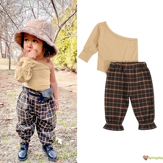 Springday-2 piezas niños niñas traje conjunto de Color sólido un hombro manga larga mameluco+pantalones largos a cuadros para 6 meses-3 años (1)
