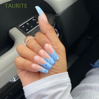 TAURITE 24pcs/Box Press On Nails Wearable Detachable Nail Tips Coffin False Nails Artificial Manicure Tool French Ballerina Full Cover Fake Nails