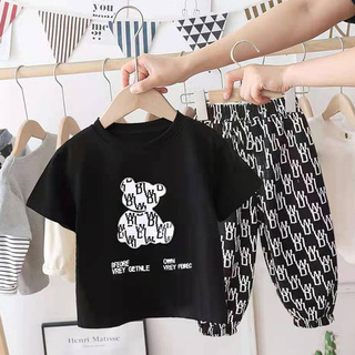 conjunto de dos piezas camiseta de manga corta con estampado de oso para niños/niñas (1)