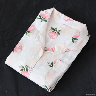 Doble capa de gasa pijamas traje de las mujeres s de algodón de manga larga delgada chaqueta de verano flores sueltas aire acondicionado habitación servicio a domicilio (3)