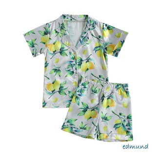 ☌Sh☼Conjunto de pijamas de dos piezas para niños, diseño de plantas para niños, cuello de solapa de manga corta, pantalones cortos de cintura elástica