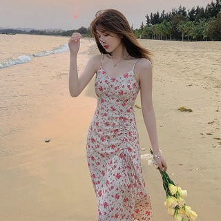 Seamoon francés hendidura honda Floral verano nuevo estilo cuadrado cuello gasa Puff manga delgada media longitud vestido femenino