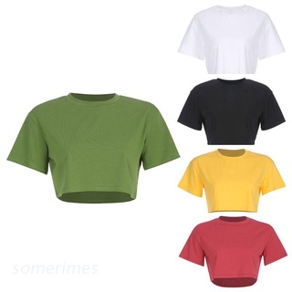 Tiempo para mujer verano Color sólido suelto manga corta T-Shirt O-cuello jersey Crop Top