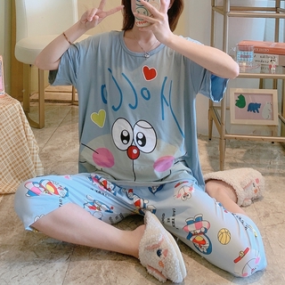Moda pijamas de verano suelto pijamas de las mujeres de verano de manga corta pantalones recortados dulce Casual de dibujos animados traje de servicio a domicilio (3)