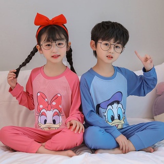 Los niños pijamas baju tidur budak Simple de manga larga pijamas de dibujos animados impreso O-cuello Loungewear transpirable Unisex para niños y niñas hielo seda dormir ropa