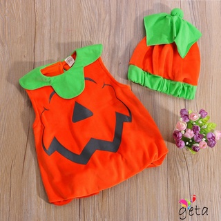 Ljw-Conjunto de disfraces de Halloween para bebé sin mangas de cuello redondo, disfraz de calabaza y sombrero de bloque de Color (4)