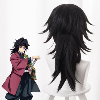 demon slayer kimetsu no yaiba tomioka giyuu negro cola de caballo peluca cosplay disfraz resistente al calor sintético hombres mujeres pelucas (3)