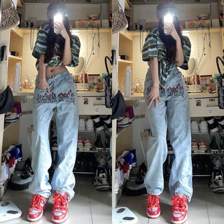 jeans Bordados Mujer Otoño BF Diseño sense Recto E Impresión hiphop Pantalones high street ins (1)
