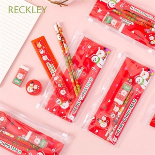 RECKLEY Girl Boy Gift Standard Pencil Office Supplies Writing Tool Christmas Stationery Set with Eraser 5Pcs/Pack Santa Claus Pencil Case Snowman Student Writing Supplies