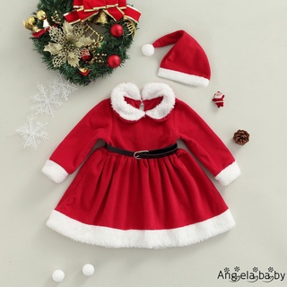 Hian-3pcs bebé navidad trajes, niñas bloque de Color de manga larga cuello de muñeca recorte vestido Fuzzy + sombrero + cinturón