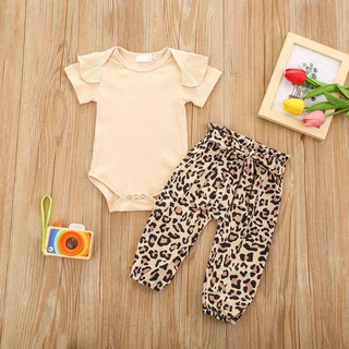 dialand _Newborn Baby Girls Solid acanalado mameluco pantalones de leopardo conjunto
