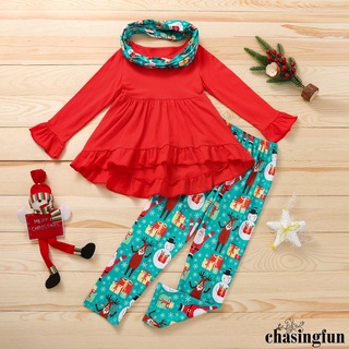 Chf-tres piezas ropa de niña moda Color sólido manga larga Tops y navidad pantalones largos con babero