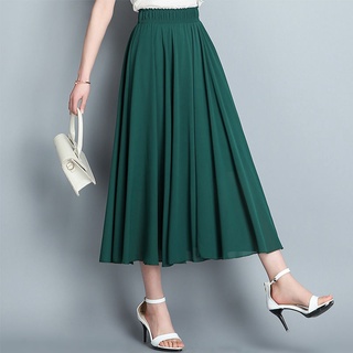 Falda de gasa con dobladillo grande, cintura alta, falda plisada de longitud media, una línea sobre la rodilla, falda larga, drapeado