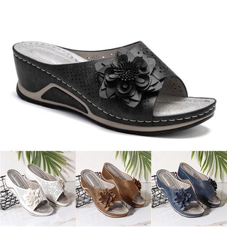 PU Leather Soft Footbed Orthopedic Arch-Support Sandals for Women Hollow Wedge Flower Shoes Summer Supply