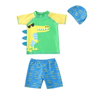 Bbq-3Pcs transpirable niños pequeños traje de baño, verano niños tiburón/cocodil impresión manga corta Split traje de baño +