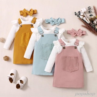 Pop 3Pcs niños otoño chándal, Color sólido acanalado manga larga camiseta + mono vestido + banda de pelo para niñas, 1-5 años