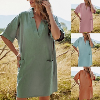 rfuljust Summer Dress Solid Color V Neck Women Short Sleeve Pockets Sundress Streetwear