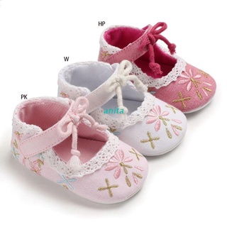 ANT Infant Baby Girls Ballet Dress Shoes Soft Sole Embroidery Flower Lace Splice Bowknot Princess Toddler Prewalker Non-Slip Sandals